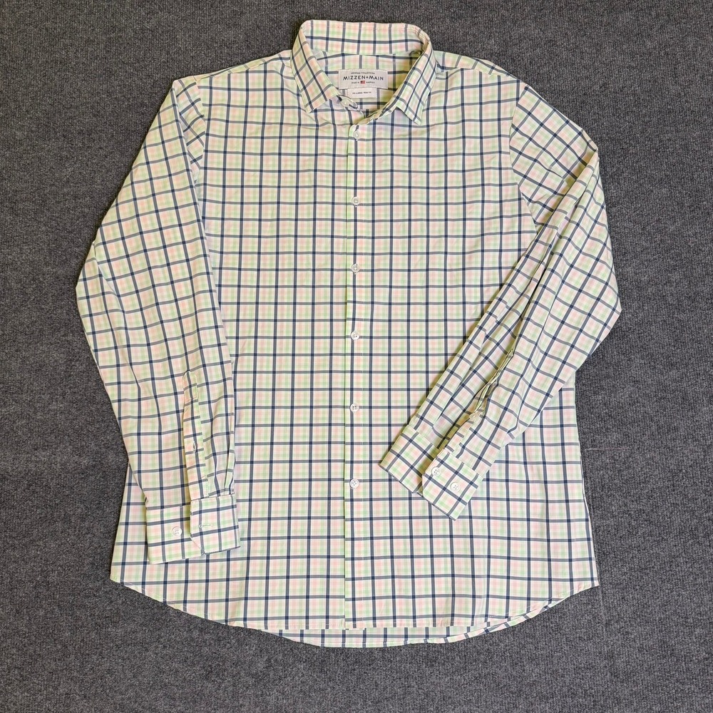 Mizzen+Main Leeward Collection Trim Fit Plaid Shirt XXL Pink Green Navy Blue